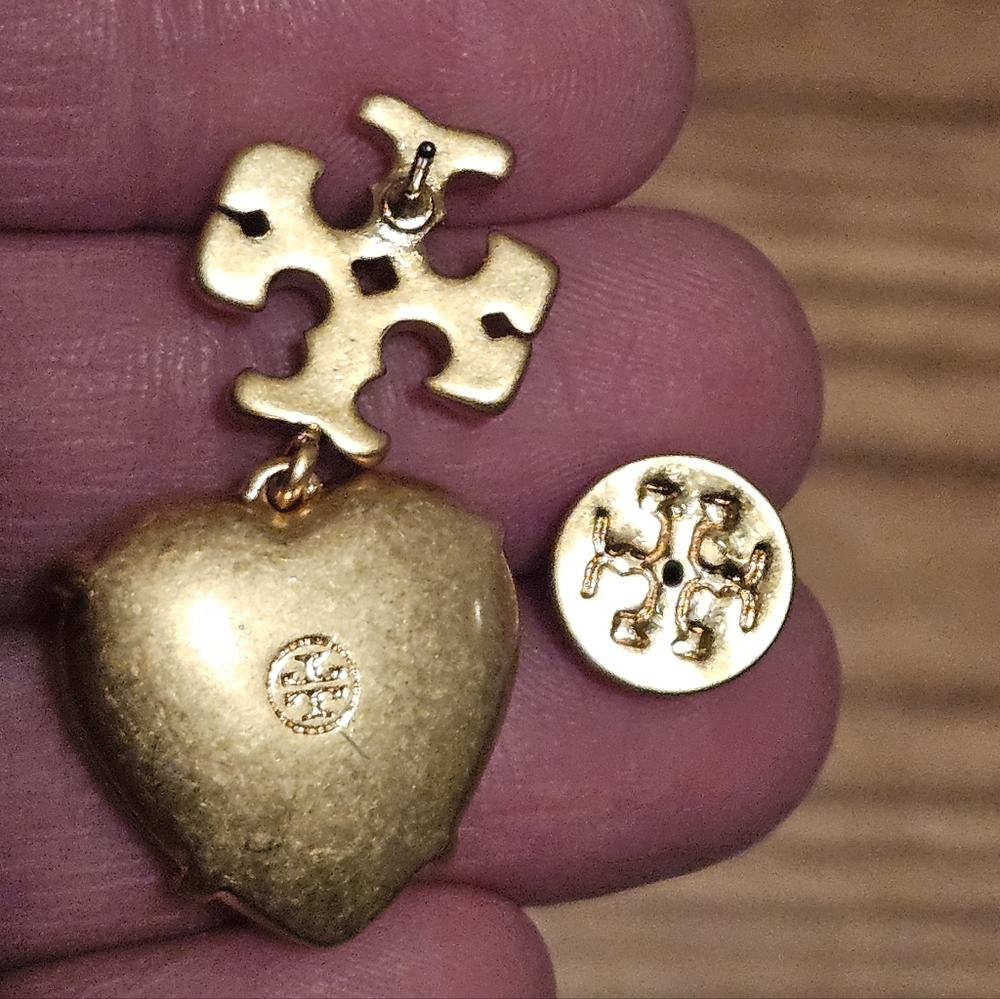 LOW START Tory Burch Gold and Pink Faceted Heart Earrings - Picture 7 of 8